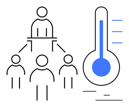 Leader overseeing team with hierarchical structure and blue thermometer symbolizing performance level. Ideal for leadership, teamwork, progress, motivation, results tracking, performance assessmentのイラスト素材