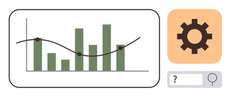 Green bar graph with trend line, gear icon for settings, and search bar represent analysis, optimization, search, strategy, and statistical insights. Ideal for data, analytics trends strategyのイラスト素材