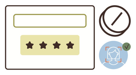 Facial recognition with approval mark, password input field, and four rating stars. Ideal for security, access, identity, technology, feedback review usability. Minimalistic flat metaphorのイラスト素材