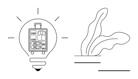 Outline of a lightbulb containing a packed suitcase, symbolizing travel planning. Paired with abstract leaf design for eco-conscious and creative themes. Ideal for travel, sustainability, innovationのイラスト素材