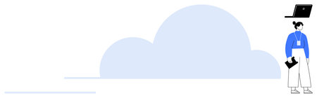 Person in work attire standing near a large cloud shape with a floating laptop above. Ideal for...