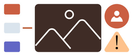 Photo thumbnail with mountains and sun, color palette options, user profile icon, and warning triangle. Ideal for design process, user interaction, error alert, customization, photo curation UXのイラスト素材