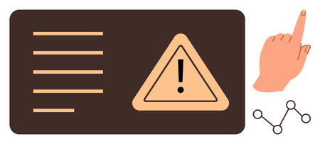 Exclamation mark in a triangular sign next to a pointing hand and data nodes. Ideal for safety, communication, attention, caution, data monitoring, usability, workflow. Simple flat metaphorのイラスト素材