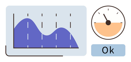 Flowchart showing data graph with fluctuating trends, circular performance gauge, and approval status indicator. Ideal for data monitoring, analytics, performance tracking, reporting, businessのイラスト素材