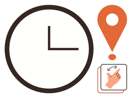 Analog clock, orange location marker, hand gesture for rotating action. Ideal for scheduling,...