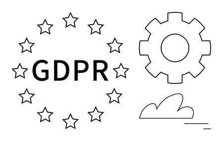 GDPR text within a circular star arrangement, cloud icon, and gear symbol. Ideal for privacy, data protection, technology, regulations, compliance, digital security simple landing pageのイラスト素材