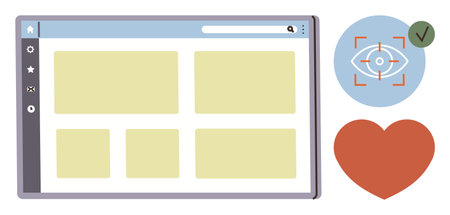 Web browser window with a grid layout, heart icon, and focus indicator with a checkmark. Ideal for...