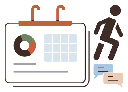 Calendar with pie chart, grid, and speech bubbles representing planning, analysis, communication, and progress, with a figure in motion symbolizing action and momentum. Ideal for productivityのイラスト素材