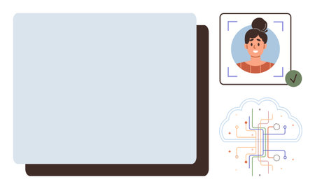 Digital ID verification with facial recognition, a profile image, approval checkmark, layered database, and AI neural cloud. Ideal for technology, AI, biometrics, cybersecurity digital identityのイラスト素材