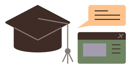 A graduation cap, orange speech bubble, and browser window highlight concepts of education, e-learning, communication, and academic achievement. Ideal for distance learning, knowledge-sharing, onlineのイラスト素材