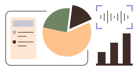 Colorful pie chart, bar chart, and sound wave visual alongside a simple report layout. Ideal for business, analytics, reporting, financial trends, audio analysis, data insights simple flat metaphorのイラスト素材