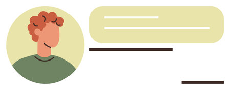 Smiling avatar with curly hair next to a speech bubble and lines suggesting text. Ideal for communication, messaging, user profile, chat app, social networking, personal branding, digital identityのイラスト素材