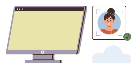 Computer monitor beside a user profile with facial recognition and a verification checkmark, plus a cloud icon. Ideal for technology, identity verification, security, data storage, cloud computingのイラスト素材