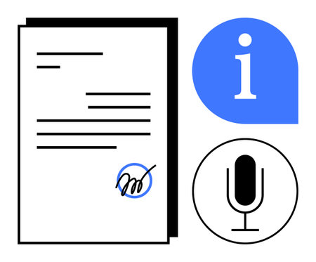 Signed agreement document, blue information symbol, black microphone icon. Ideal for legal contracts, communication, documentation, agreements, business solutions, customer support simple landingのイラスト素材