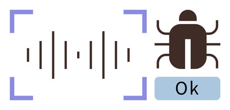 Audio waveform and digital bug symbol with approval sign illustrate error detection and...