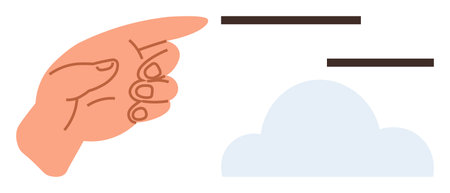 Hand pointing at a cloud with minimal lines suggesting movement or focus. Ideal for navigation, direction, information, connection, communication, clarity, decision-making. A simple flat metaphorのイラスト素材