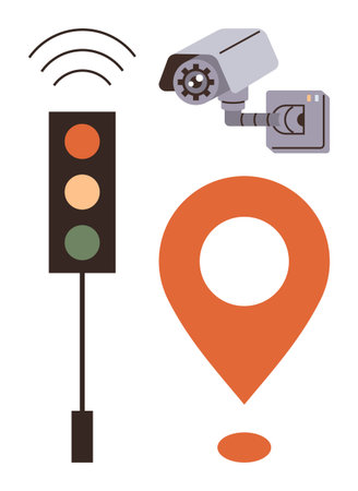Traffic light with wireless signal, surveillance camera, and orange location pin highlight urban traffic, surveillance, and navigation systems. Ideal for safety, technology, monitoringのイラスト素材