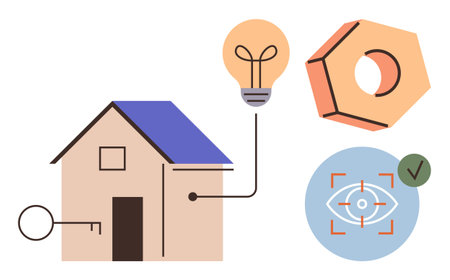 House with connected key and lightbulb, hex nut, eye scan with a check. Ideal for smart home, security, innovation, energy, connection technology or integration themes. Simple flat metaphorのイラスト素材