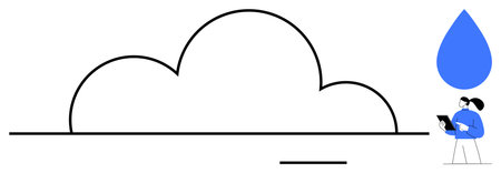 Cloud shape with a person holding a tablet, next to a water droplet. Ideal for technology, storage, sustainability, data access, IoT, innovation, simple landing pageのイラスト素材