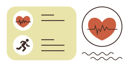 Heart icon with ECG line, running figure symbol, and minimal text layout. Ideal for healthcare, cardiology, fitness, wellness, medical records, activity tracking simple flat metaphorのイラスト素材