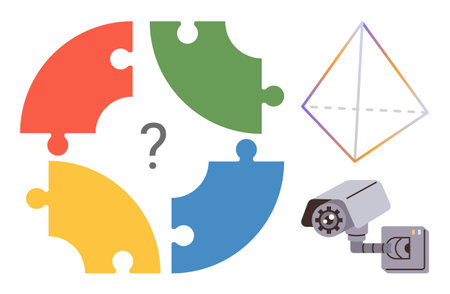 Multicolored puzzle pieces with a question mark, a pyramid diagram, and a surveillance camera highlight teamwork, strategy, analysis, technology, security, innovation and decision-making. Perfectのイラスト素材