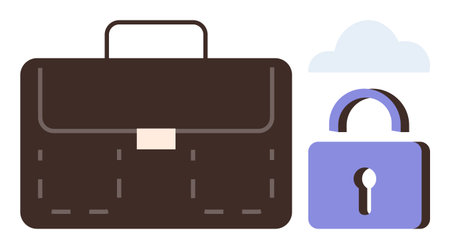 Brown briefcase, blue unlocked padlock, and cloud symbolizing data security, access, and business flexibility. Ideal for management, privacy, cloud computing, cybersecurity career updates simpleのイラスト素材