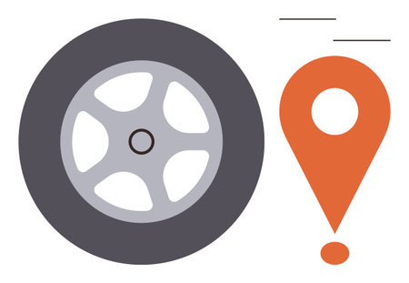 Wheel with five spokes adjacent to orange map pin exclamation mark composition. Ideal for travel, transportation, navigation, logistics, road safety, location tracking, simple flat metaphorのイラスト素材