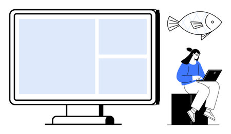 Woman seated with laptop near a large monitor screen with grid design and floating fish artwork. Ideal for creativity, multitasking, remote work, education, design, innovation, simple flat metaphorのイラスト素材
