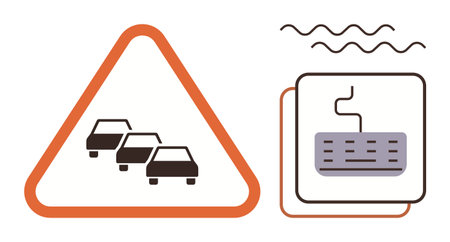 Triangular road sign with three cars indicating congestion next to a heat symbol with wavy and square shapes. Ideal for traffic, road safety, heat awareness, energy, engineering, climate, or warningのイラスト素材