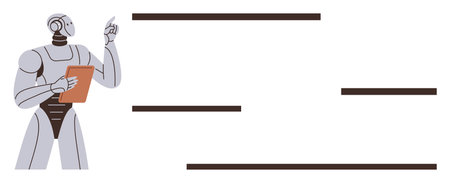 Advanced robot holding a clipboard, raising one finger as if making a point, symbolizing tech, AI, and innovation. Ideal for technology, AI, automation, analysis efficiency futurismのイラスト素材