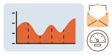 Red line graph with growth trend, yellow envelope for communication, and speedometer gauge for progress, productivity. Ideal for statistics, performance, analytics, reporting, marketing efficiencyのイラスト素材