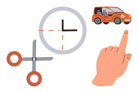 Scissors, clock representing time, pointing hand symbolizing decision or selection, and a small car indicating transport. Ideal for multitasking, time management, decision-making, transportのイラスト素材