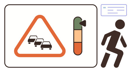 Warning triangle with cars, congestion level meter, and fleeing pedestrian signal urgency. Ideal for traffic, safety, escape planning, urban design, transport systems, risk management simple flatのイラスト素材