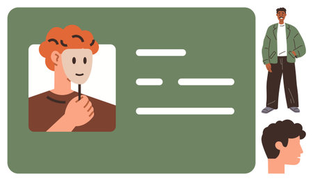 Person holding a mask on an ID card with profile information, alongside two additional personal portraits. Ideal for identity, privacy, fraud, social roles, self-expression, deception, authenticityのイラスト素材