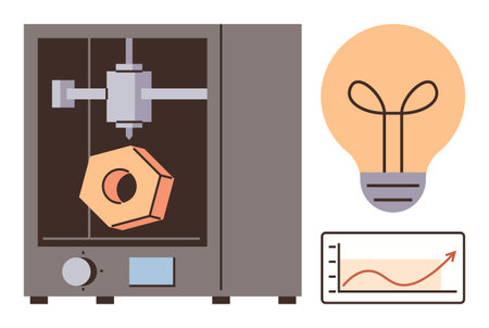 3D printer crafting object, light bulb symbolizing innovation, and graph indicating progress. Ideal...