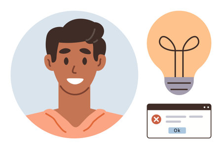 Smiling young adult with a lightbulb representing ideas and creativity paired with a pop-up error...