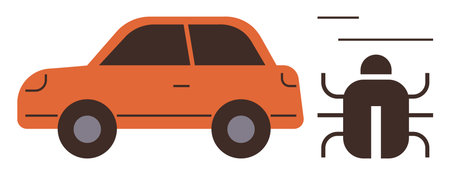 Orange car beside human-thumbs up figure with mechanical limbs, conveying driverless systems. Ideal for technology, innovation, AI, mobility, innovation, automation, transportation simple flatのイラスト素材