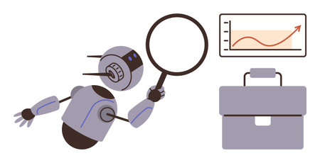 Robot holding magnifying glass examining upward trend chart next to a briefcase. Ideal for innovation, automation, business growth, technology, artificial intelligence, research, strategy. Simpleのイラスト素材