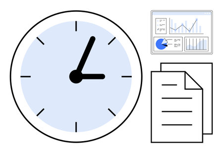 Clock icon with two papers and a data dashboard showing graphs and statistics. Ideal for time management, productivity, scheduling, business planning, reporting, efficiency, simple landing pageのイラスト素材
