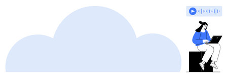 Woman seated on a block typing on a laptop, large cloud shape in background, audio playback icon at the top. Ideal for technology, remote work, cloud storage, audio streaming, digital media, dataのイラスト素材
