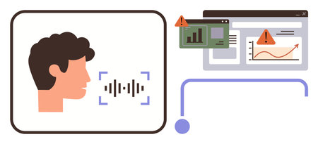 Human profile with soundwave detection and digital charts displaying alert warnings on performance data. Ideal for voice recognition, AI, technology, cybersecurity, analytics, monitoring systemsのイラスト素材