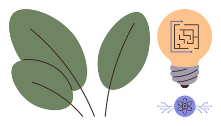 Green leaves paired with a light bulb featuring a circuit design and a stylized atom icon. Ideal for sustainability, innovation, green technology, eco-friendliness, renewable energy, science, simpleのイラスト素材