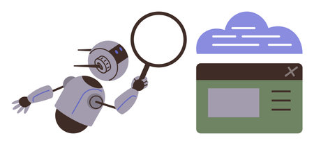 Robot examining cloud data with magnifying glass near digital screen panel. Ideal for technology, AI, innovation, research, analytics, automation, simple flat metaphorのイラスト素材