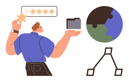 Man holding a star and folder symbolizes decision-making, quality, or organization. Globe puzzle highlights global collaboration. Tree diagram conveys structured planning. Ideal for teamworkのイラスト素材