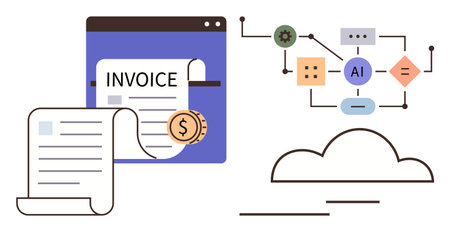 Invoice documents, AI flowchart, and cloud icon representing technology, automation, digital payments, and financial efficiency. Ideal for AI, automation, finance workflow cloud technology simpleのイラスト素材