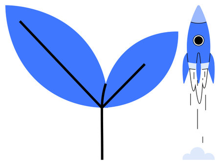 Blue leaf symbolizing growth next to a rising rocket representing innovation and forward progress. Ideal for sustainability, business growth, ecology, innovation, startups, eco-tech, developmentのイラスト素材