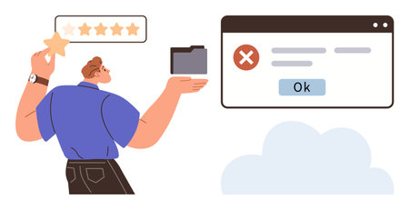 Man evaluating with a star, holding a folder near error popup screen. Ideal for feedback, error handling, cloud computing, data management, ratings, decision making, simple flat metaphorのイラスト素材