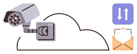 Security camera monitors activity, connected to cloud storage. Data transfer and email notification...