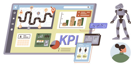 Analytics dashboard with KPI charts, workflow map, profit chart, and AI robot. Ideal for data analysis, business intelligence, machine learning, automation, workflow optimization goal trackingのイラスト素材