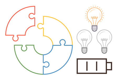 Circular puzzle segments, glowing light bulb, dimmed bulbs, and battery charge indicator. Ideal for problem-solving, teamwork, creativity, innovation, energy management idea generation simple flatのイラスト素材